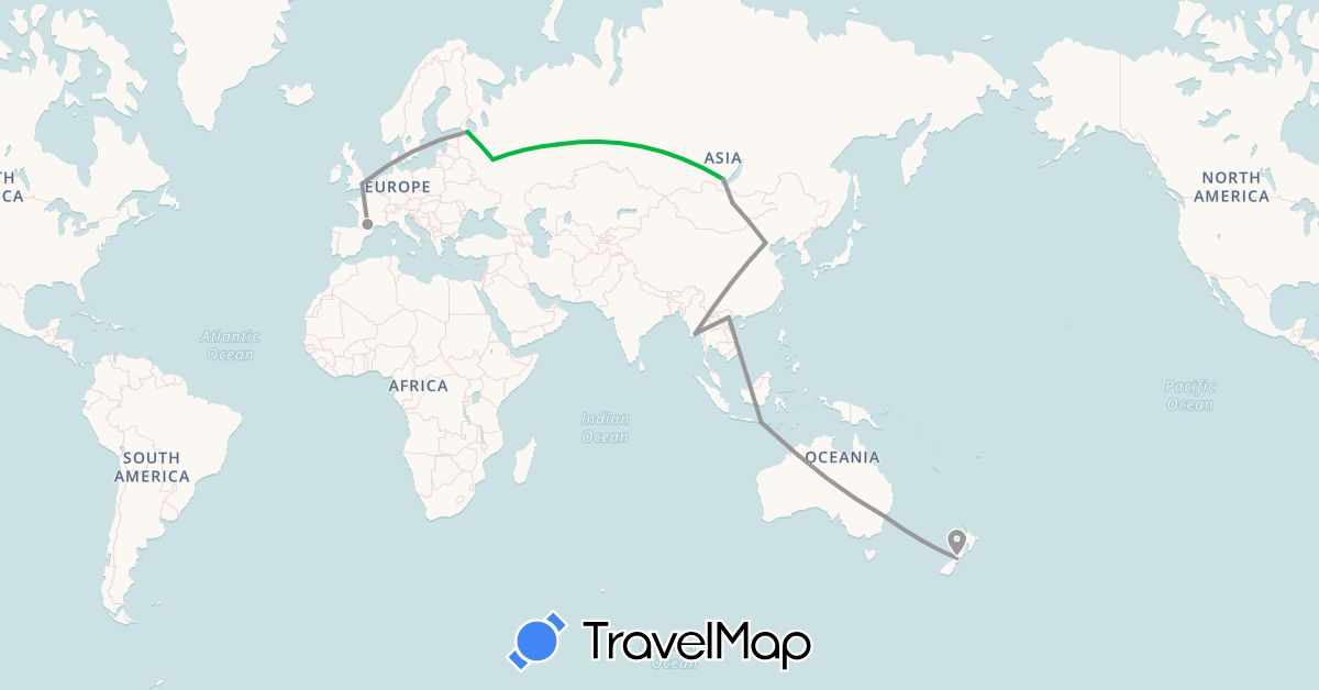 TravelMap itinerary: driving, bus, plane in Australia, China, France, United Kingdom, Indonesia, Myanmar (Burma), Mongolia, New Zealand, Russia, Vietnam (Asia, Europe, Oceania)